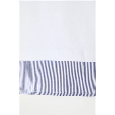 Beyaz Yaka ve Etek Ucunda Çizgili Poplin Detaylı Örme Büyük Beden T-shirt TBBSS25BF00003