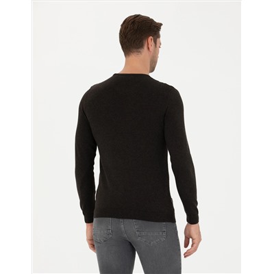 Kahverengi Slim Fit Bisiklet Yaka Triko Kazak