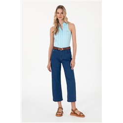 Kadın Mavi Loose Cropped Fit Jean Pantolon