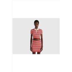 United Colors of Benetton Kadın Nar Çiçeği Polo Yaka Çizgili Slim Fit Kısa Kollu Crop Kazak 123P1298E300H-1G9
