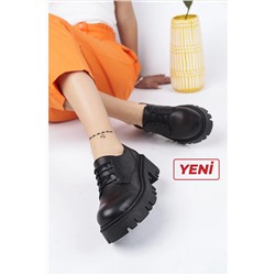 Deripabuc Hakiki Deri Siyah Kadın Tırtıklı Platform Taban Loafer Ayakkabı Trc-4004 TRC-4004