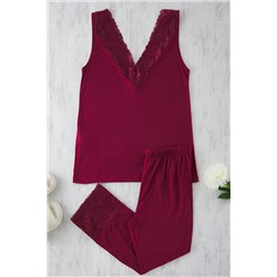 Bordo V Yaka Dantelli Örme Pijama Takımı TBBSS25AI00111