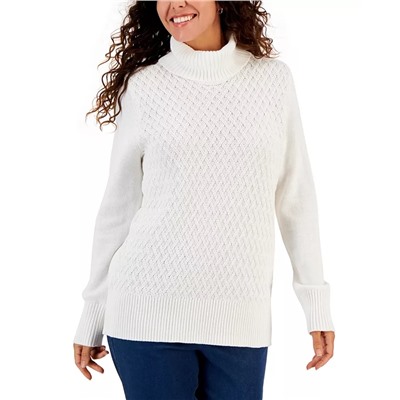 KAREN SCOTT Women's Cable-Knit Turtleneck Cotton Sweater, Created for Macy's
