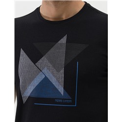 Siyah Slim Fit Baskılı Bisiklet Yaka Tişört