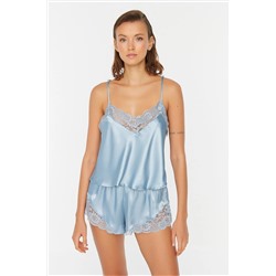 TRENDYOLMİLLA Mavi Dantel Detaylı Saten Dokuma Pijama Takımı THMSS22PT0269