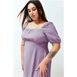 Lila Kare Yaka Eteği Fırfırlı Balon Kol Maxi Dokuma Elbise TBBSS24AH00066