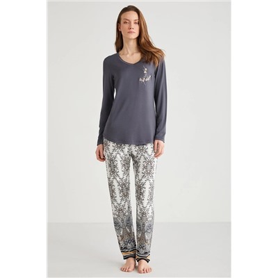 Etnik desenli pijama takımı  9716 PJ TK-ANTRASIT-L