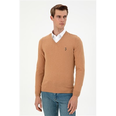 Erkek Slim Fit V Yaka Camel Melanj Basic Kazak