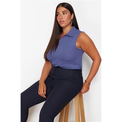 Mavi Fitted/Vücuda Oturan Polo Yaka Esnek Örme Büyük Beden Bluz TBBSS24AF00065