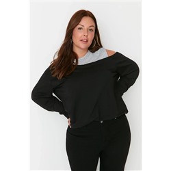 Siyah Bisiklet Yaka Omuz Detaylı İnce Örme Büyük Beden Sweatshirt TBBAW23AO00020