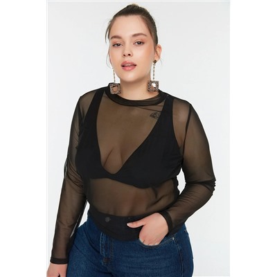 Trendyol Curve Siyah Crop Örme Tül Bluz TBBSS22BZ00017