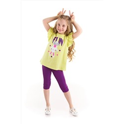 Denokids Tavşan Ponpon Pamuklu Kız Çocuk Sarı T-shirt Mor Tayt Takım CFF-22Y2-011