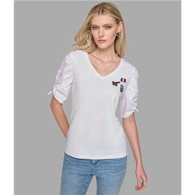 RUCHED SHORT SLEEVE TOP WITH PINS