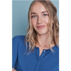 Pijama largo algodón canalé suave azul