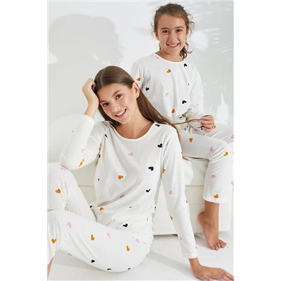 Siyah İnci beyaz renkli kalp desenli Pamuklu Pijama Takımı 7681