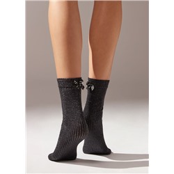Blickdichte kurze Socken in Rippstrick mit Glitzer und Schleife