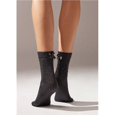 Blickdichte kurze Socken in Rippstrick mit Glitzer und Schleife