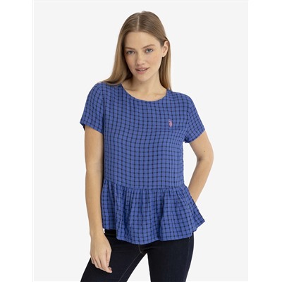 SHORT SLEEVE PEPLUM GRID TOP