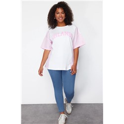 Pembe Çizgili Baskılı Oversize %100 Pamuk Örme T-shirt TBBSS24BF00017