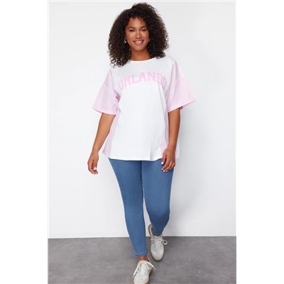 Pembe Çizgili Baskılı Oversize %100 Pamuk Örme T-shirt TBBSS24BF00017
