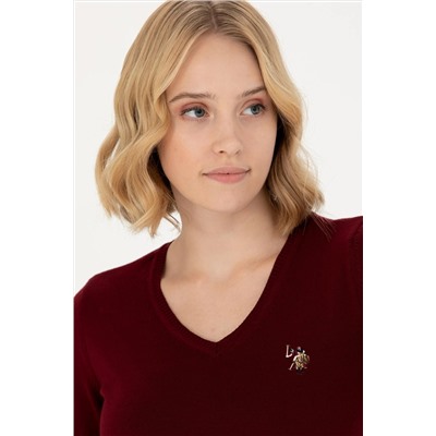Kadın Bordo V - Yaka Basic Kazak