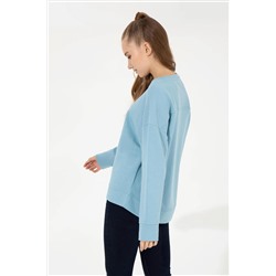 Kadın Mavi Bisiklet Yaka Basic Sweatshirt