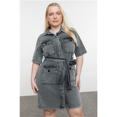 Koyu Mavi Kuşak Detaylı Mini Denim Gömlek Elbise TBBSS24AH00124