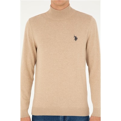 Erkek Slim Fit Yarım Boğazlı Kum Melanj Basic Kazak