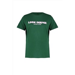 Koyu Yeşil Slogan Baskılı Boyfriend %100 Pamuk Örme Büyük Beden T-shirt TBBSS24BF00036