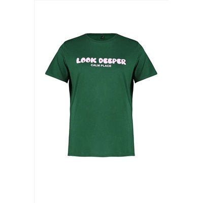 Koyu Yeşil Slogan Baskılı Boyfriend %100 Pamuk Örme Büyük Beden T-shirt TBBSS24BF00036