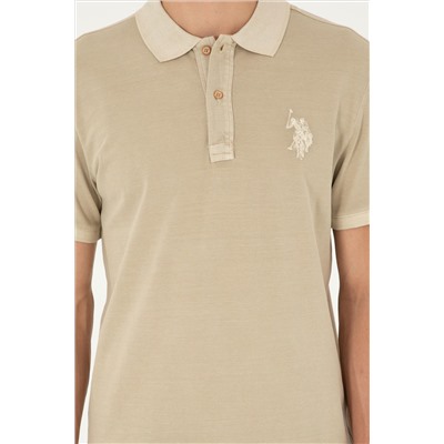 Erkek Slim Fit Polo Yaka Açık Haki Basic Tişört