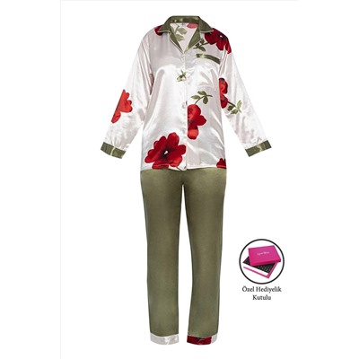 Ladytime Çiçekli Gömlek Yaka Saten Kadın Pijama Takımı S1014 s1014