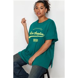 Yeşil Geniş Kalıp Bisiklet Yaka Baskılı %100 Pamuk Örme T-shirt TBBSS23AH00131
