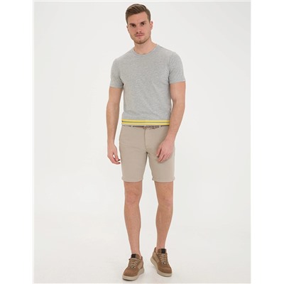 Açık Gri Melanj Slim Fit Baskılı Bisiklet Yaka Tişört