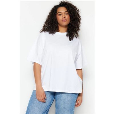 Beyaz Yaka Ribanalı Geniş Kalıp Basic %100 Pamuk Örme T-shirt TBBSS23BF00017