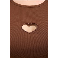 Kahverengi Slim Kalpli Cut-Out Detaylı Fitilli %100 Pamuk Örme Büyük Beden T-shirt TBBSS24BF00006