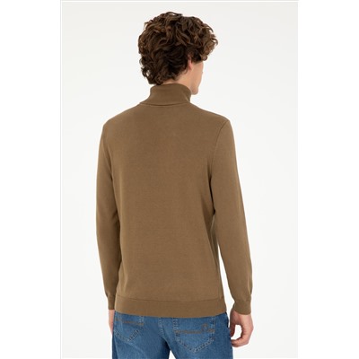 Erkek Slim Fit Boğazlı Yaka Haki Basic Kazak