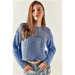 Olalook Kadın Bebe Mavi Üstü Delikli Ajurlu Crop Triko Bluz BLZ-19002328