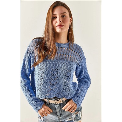 Olalook Kadın Bebe Mavi Üstü Delikli Ajurlu Crop Triko Bluz BLZ-19002328