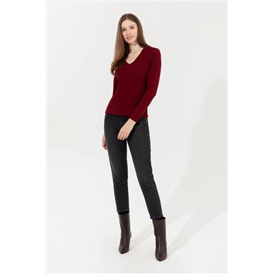 Kadın Bordo Basic V - Yaka Kazak