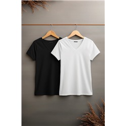 Siyah-Beyaz 2'li Paket Basic V Yaka %100 Pamuk Örme Büyük Beden T-Shirt TBBSS22TS0705