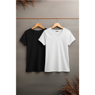 Siyah-Beyaz 2'li Paket Basic V Yaka %100 Pamuk Örme Büyük Beden T-Shirt TBBSS22TS0705
