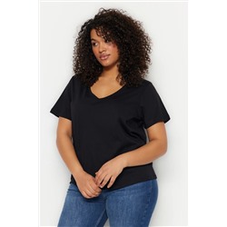 Siyah-Beyaz 2'li Paket Basic V Yaka %100 Pamuk Örme Büyük Beden T-Shirt TBBSS22TS0705