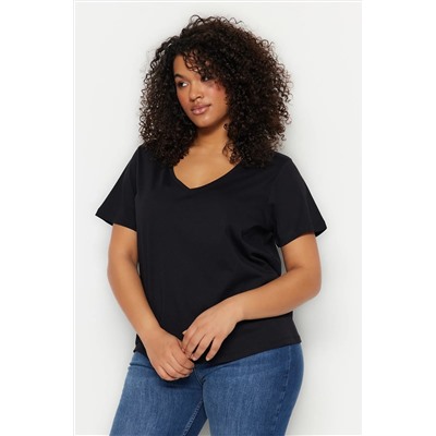 Siyah-Beyaz 2'li Paket Basic V Yaka %100 Pamuk Örme Büyük Beden T-Shirt TBBSS22TS0705