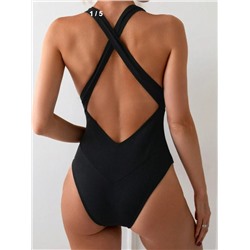 SHEIN Swim Solid Deep V-Neck Backless Halter Swimsuit For Women,Summer Beach