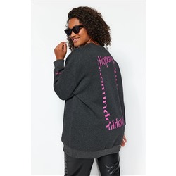 Trendyol Curve Antrasit Sırtı Baskılı İçi Polarlı Geniş Kalıp Örme Sweatshirt TBBAW24AO00012