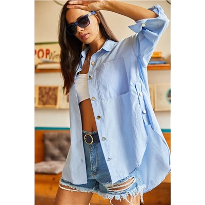 Olalook, Kadın Bebe Mavi Yanları Düğme Detaylı Oversize Dokuma Gömlek GML-19001004