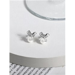 Серьги-пусеты из серебра с жемчугом Swarovski и фианитами родированные - Бантики 2-146р1001