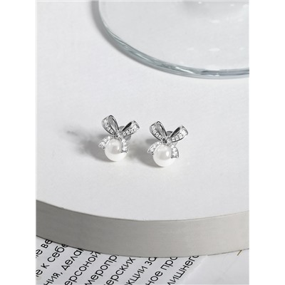 Серьги-пусеты из серебра с жемчугом Swarovski и фианитами родированные - Бантики 2-146р1001