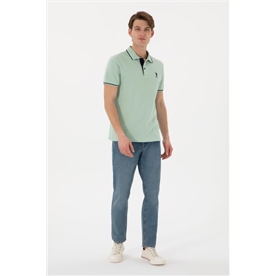Erkek Slim Fit Polo Yaka Su Yeşili Basic Tişört